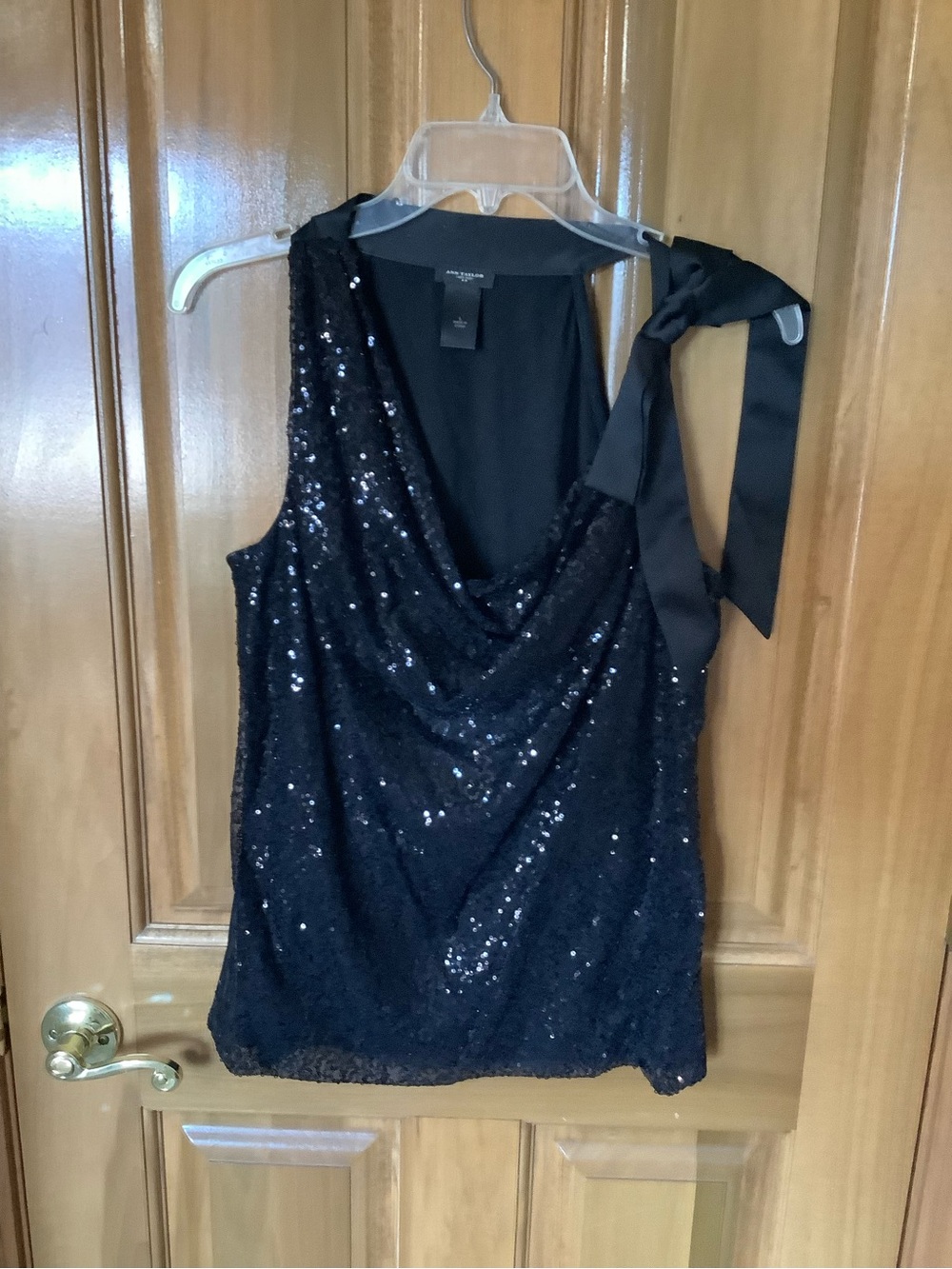 Ann Taylor Black Sequin Cowl Neck Camisole with Shoulder Tie